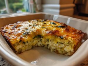 A close-up of a baked slice of Addictive Zucchini Casserole showing a cheesy, golden-brown top and a creamy interior.