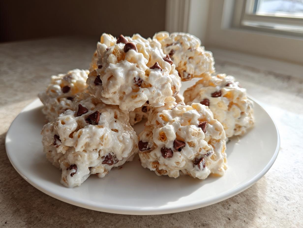 A small stack of white, creamy avalanche cookies mixed with chocolate chips, served on a white plate.