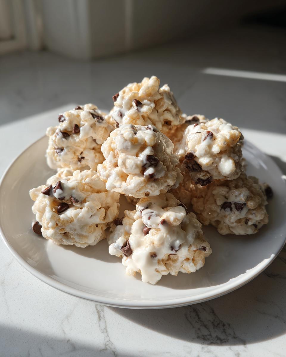 A stack of homemade avalanche cookies made with cereal, white coating, and mini chocolate chips, served on a white plate.