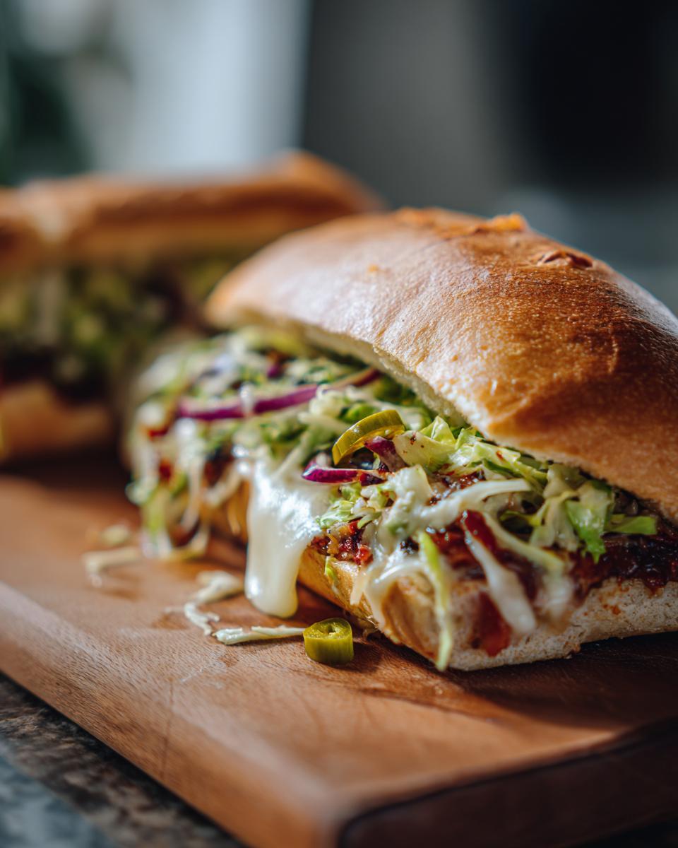 Close-up of a delicious grinder slider overflowing with melted cheese, shredded lettuce, and red onion on a wooden board.