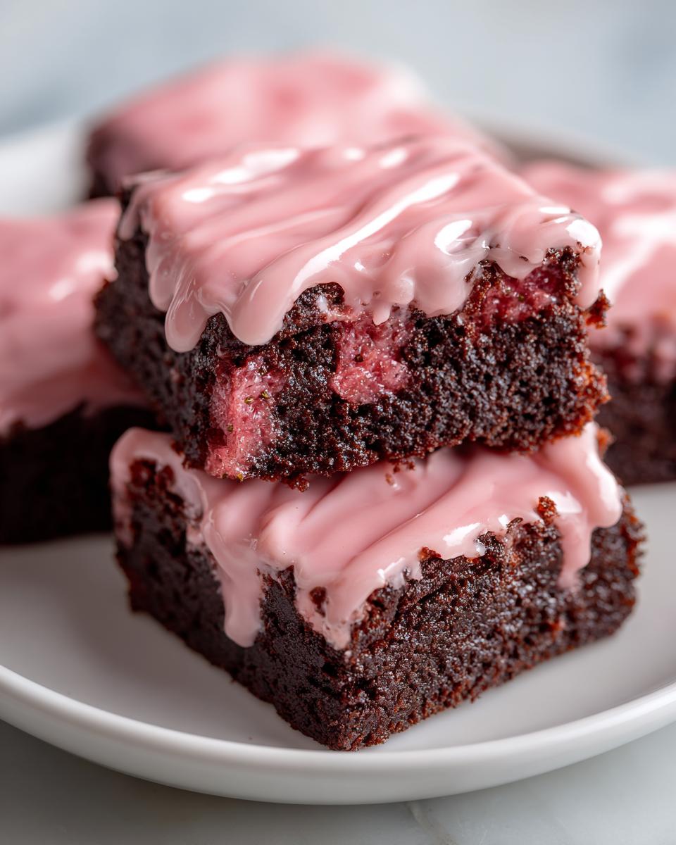 Two stacked chocolate strawberry brownies topped with thick pink strawberry glaze, showing the moist interior.