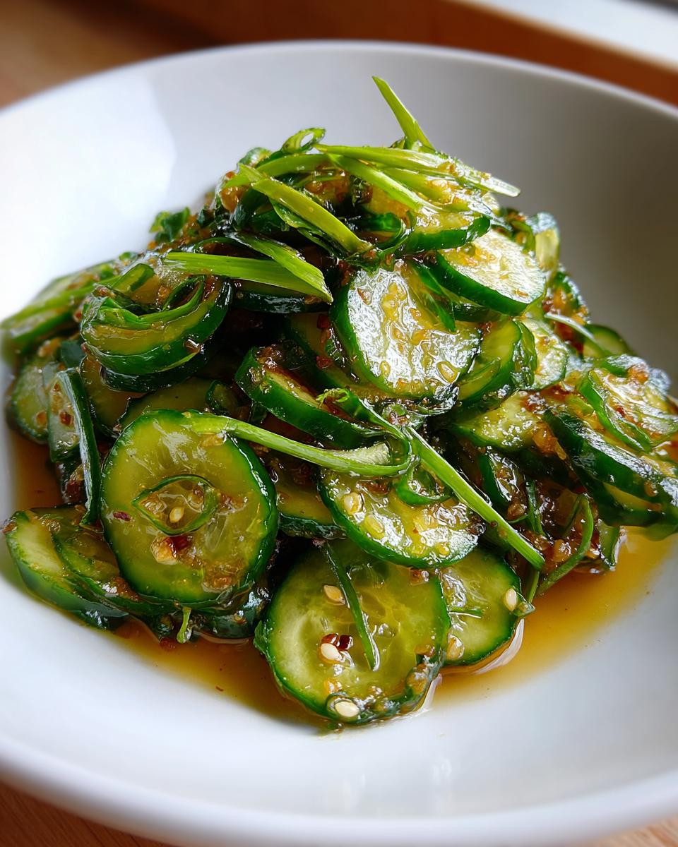 Close-up of thinly sliced cucumbers tossed in a savory dressing for an asian cucumber salad, topped with green onions.