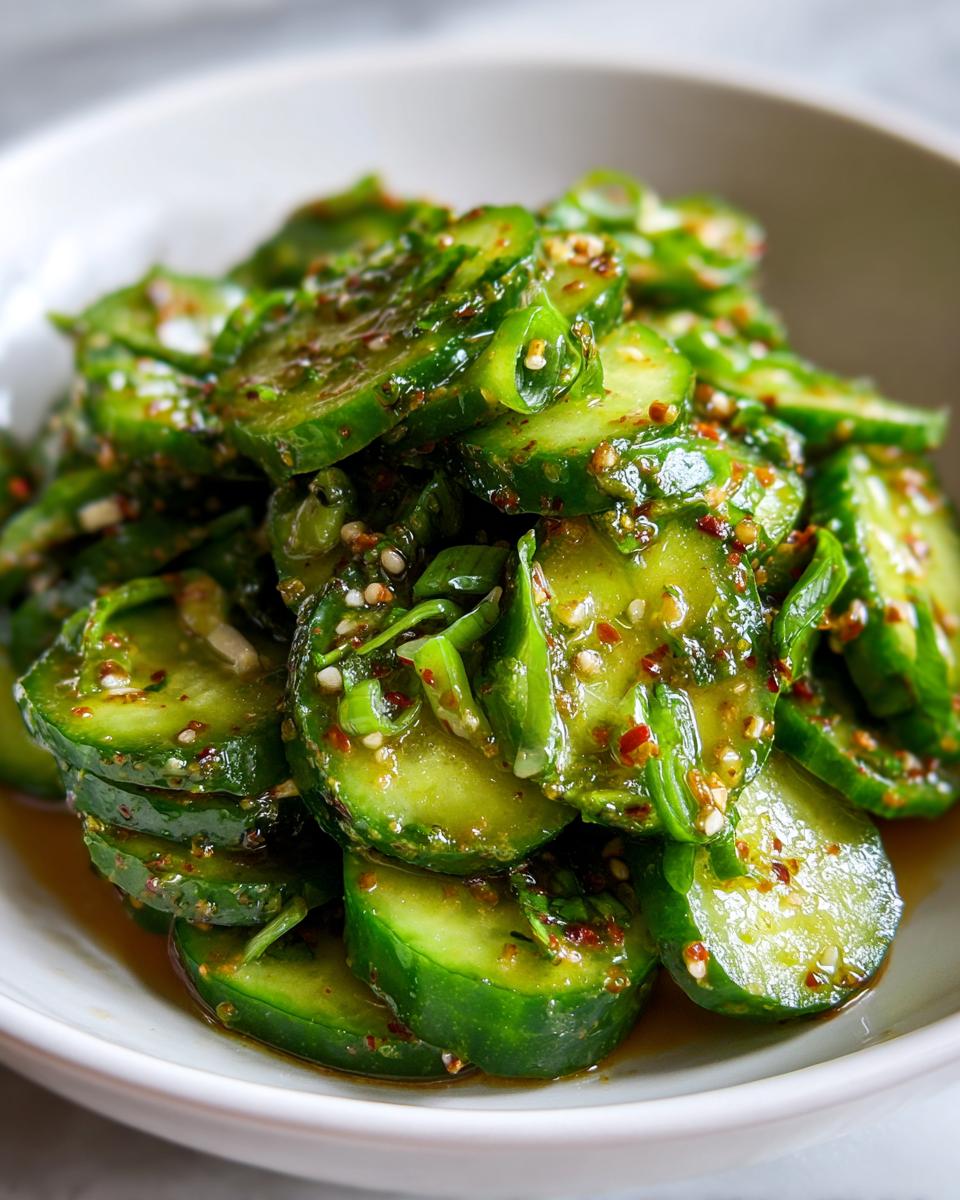Close-up shot of vibrant green, thinly sliced asian cucumber salad tossed in a savory, spicy dressing with sesame seeds.