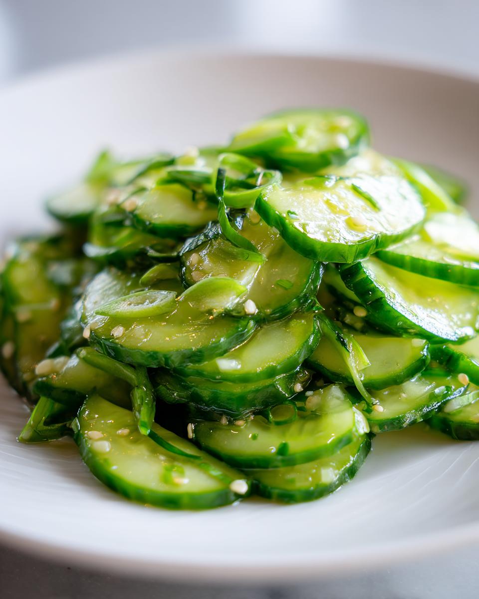 Close-up of thinly sliced, vibrant green asian cucumber salad tossed with sesame seeds and dressing.