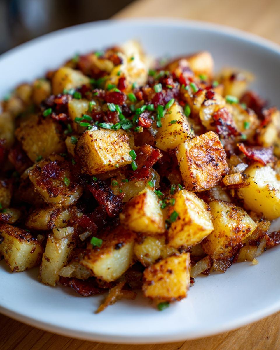 A close-up of crispy, golden-brown Bacon and Onion Skillet Potatoes topped with fresh chives.