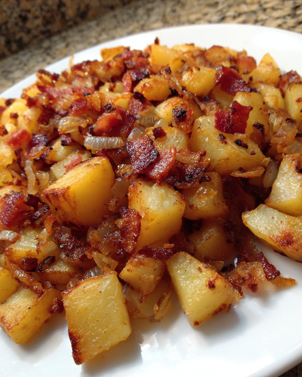 A close-up view of crispy, golden-brown Bacon and Onion Skillet Potatoes served on a white plate.