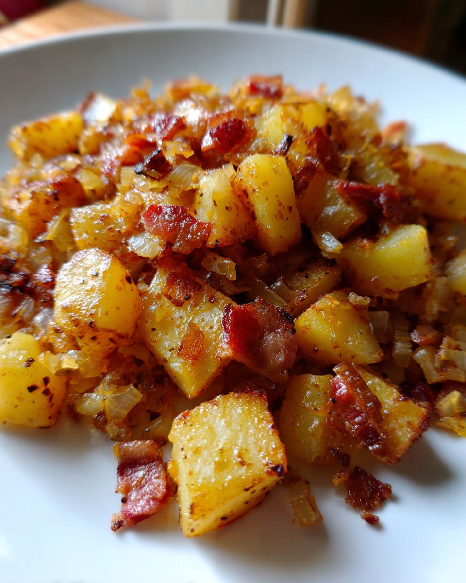 Close-up of perfectly cooked Bacon and Onion Skillet Potatoes, featuring golden brown potato chunks, crispy bacon pieces, and caramelized onions.