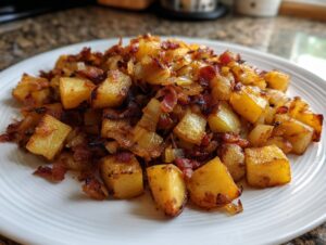 A close-up of perfectly cooked Bacon and Onion Skillet Potatoes served on a white plate.