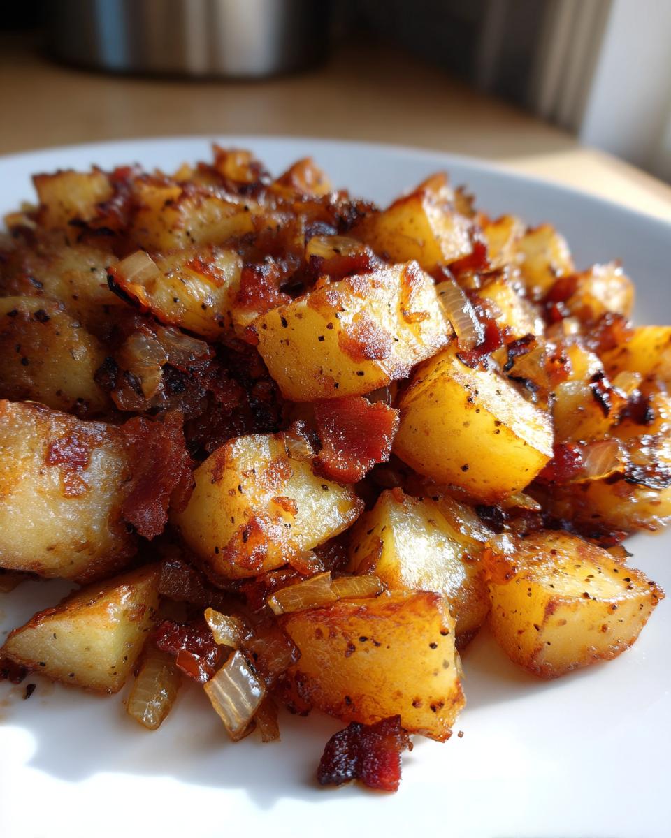 Close-up of golden, crispy Bacon and Onion Skillet Potatoes served on a white plate.