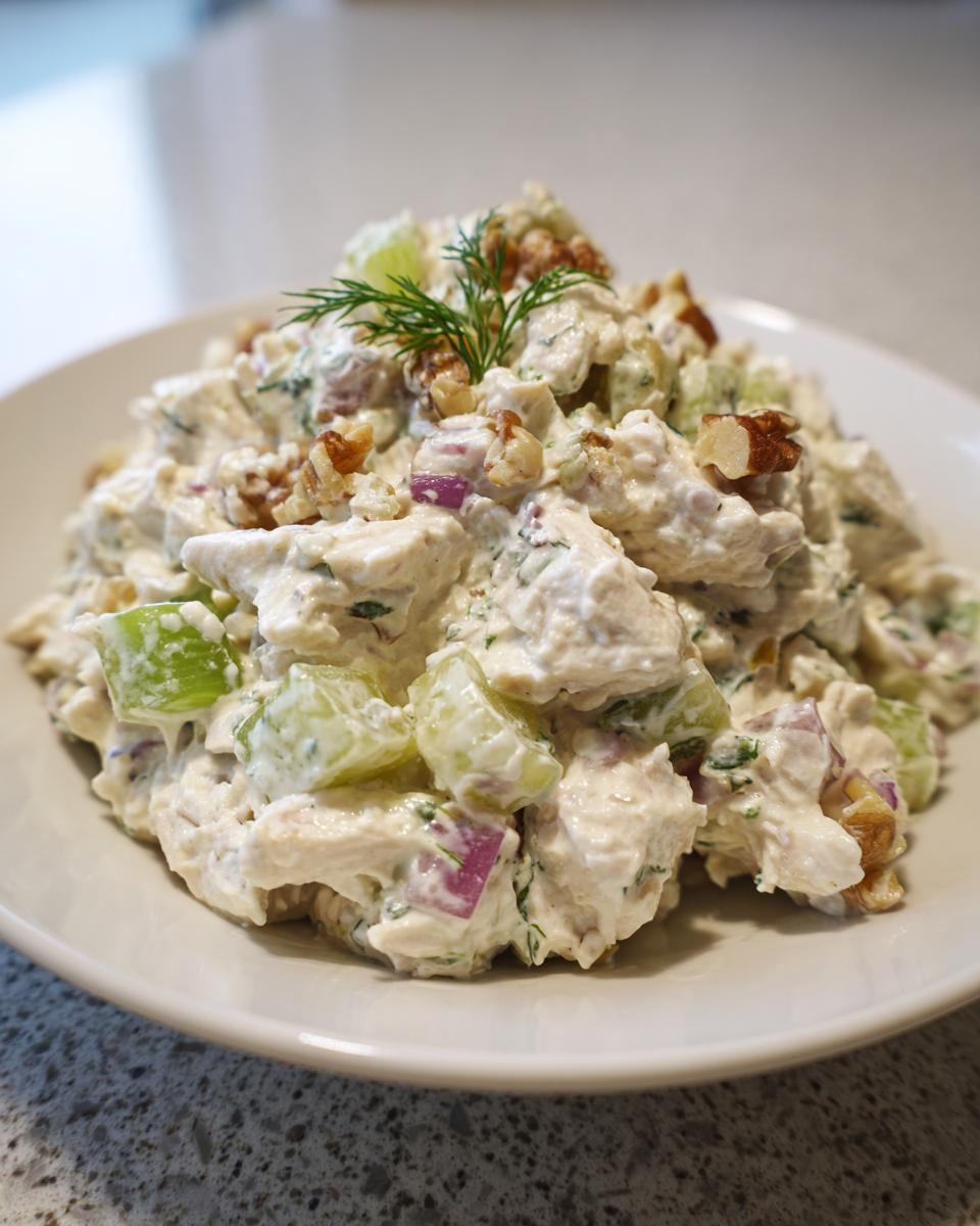 A close-up of creamy Baked Marinated Chicken Salad mixed with grapes, red onion, and walnuts, garnished with dill.