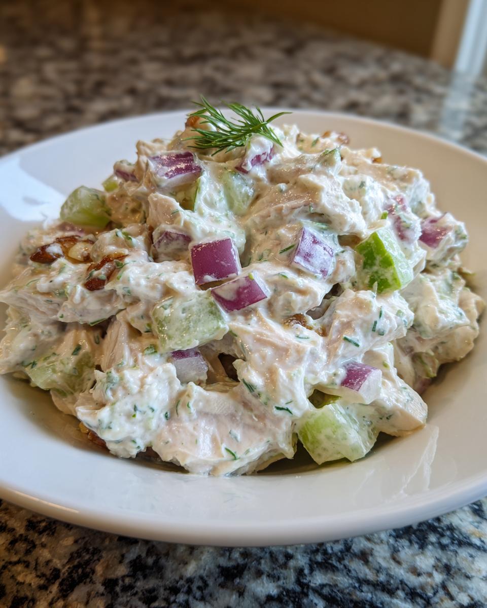 A close-up of creamy Baked Marinated Chicken Salad mixed with red onion, celery, and topped with dill.