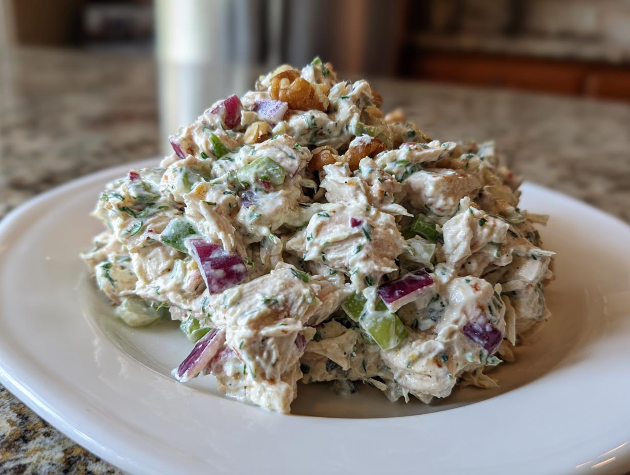 A generous mound of creamy Baked Marinated Chicken Salad featuring chunks of chicken, red onion, celery, and walnuts on a white plate.