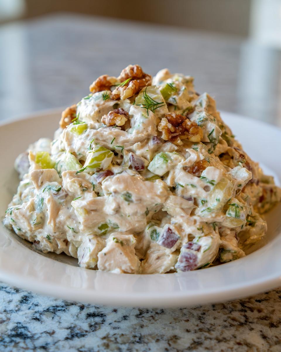 A generous scoop of creamy Baked Marinated Chicken Salad topped with whole walnuts, served in a white bowl.