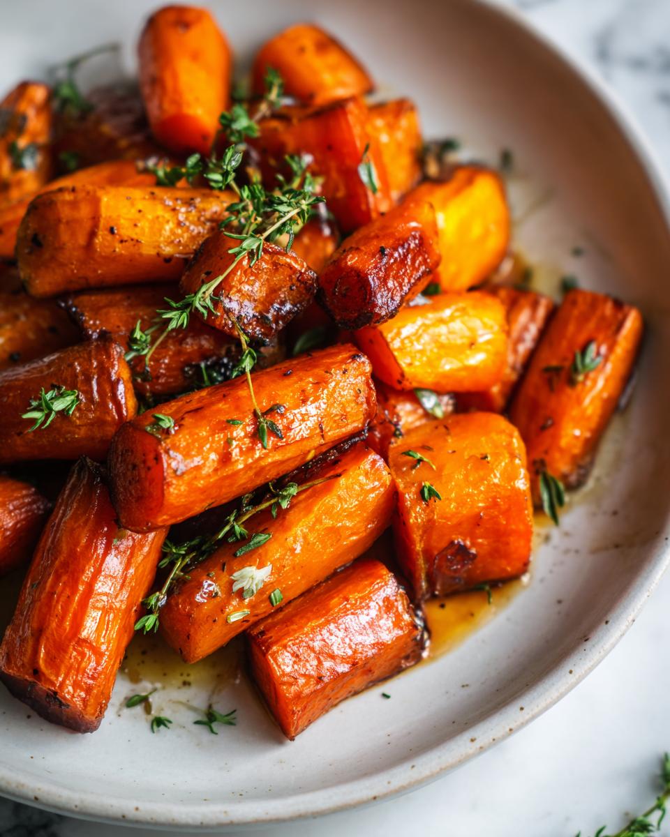 Close-up of glistening, caramelized Balsamic Roasted Carrots garnished with fresh thyme sprigs on a light plate.