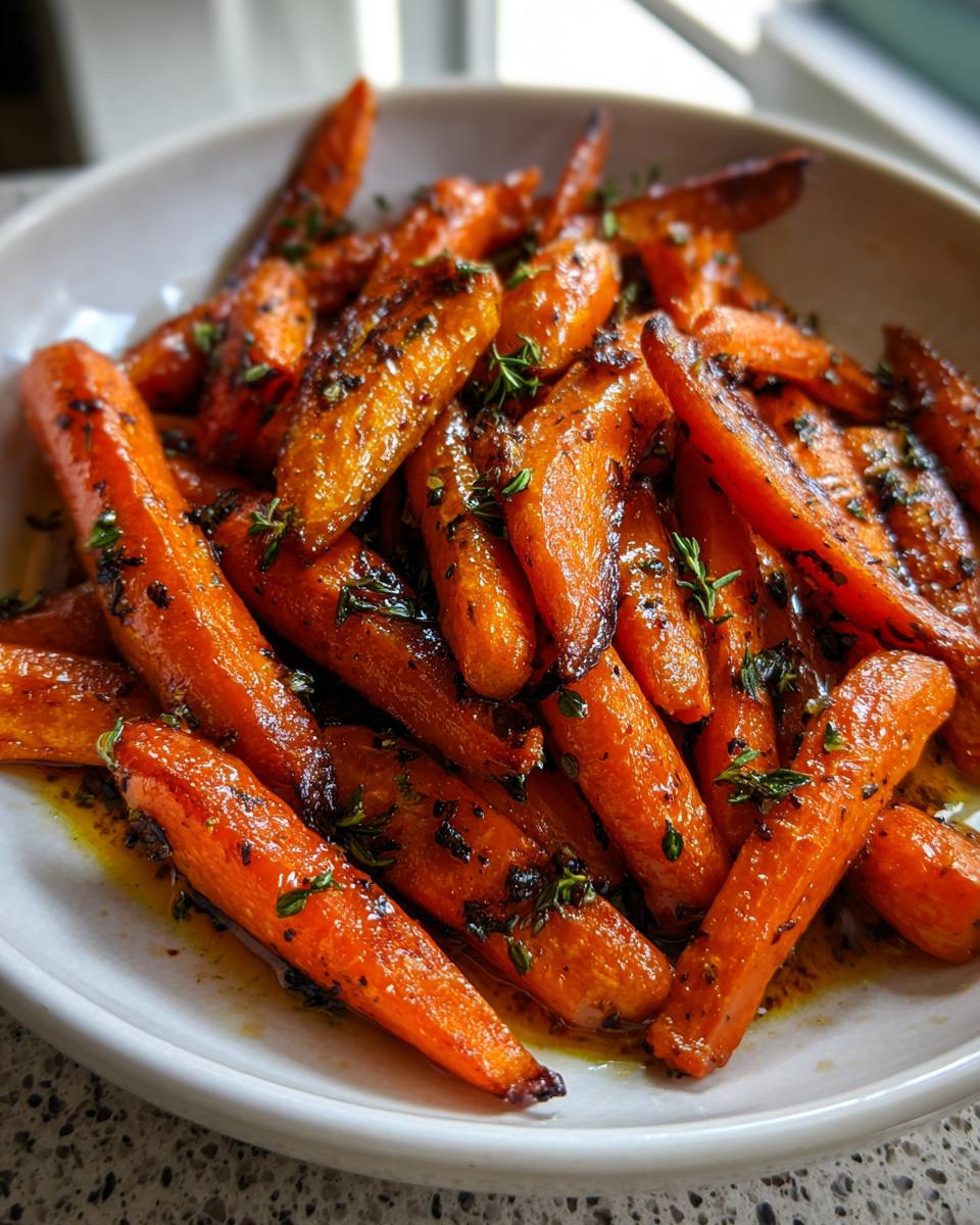 Close-up of glossy, caramelized Balsamic Roasted Carrots garnished with fresh thyme leaves in a white bowl.