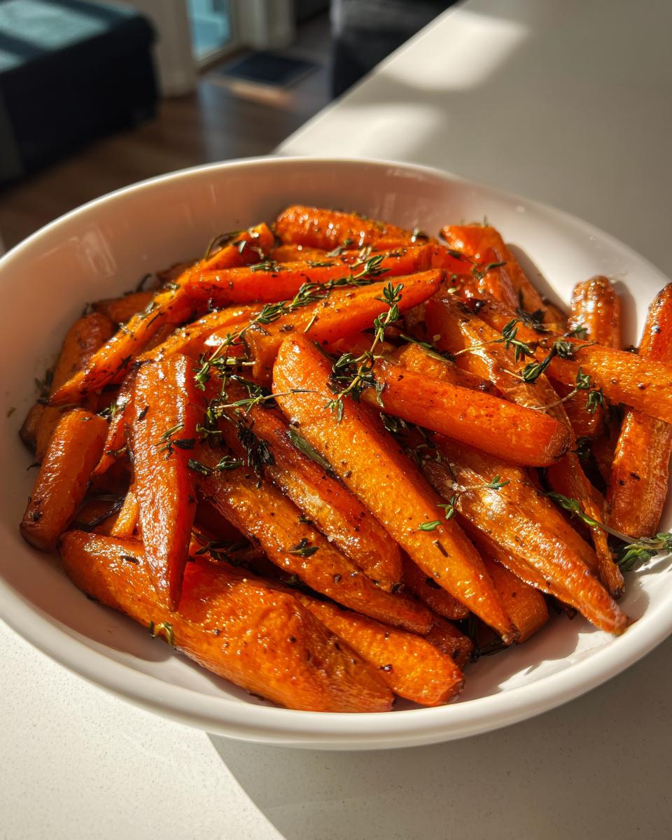 A white bowl filled with glossy, caramelized Balsamic Roasted Carrots, garnished with fresh thyme sprigs.