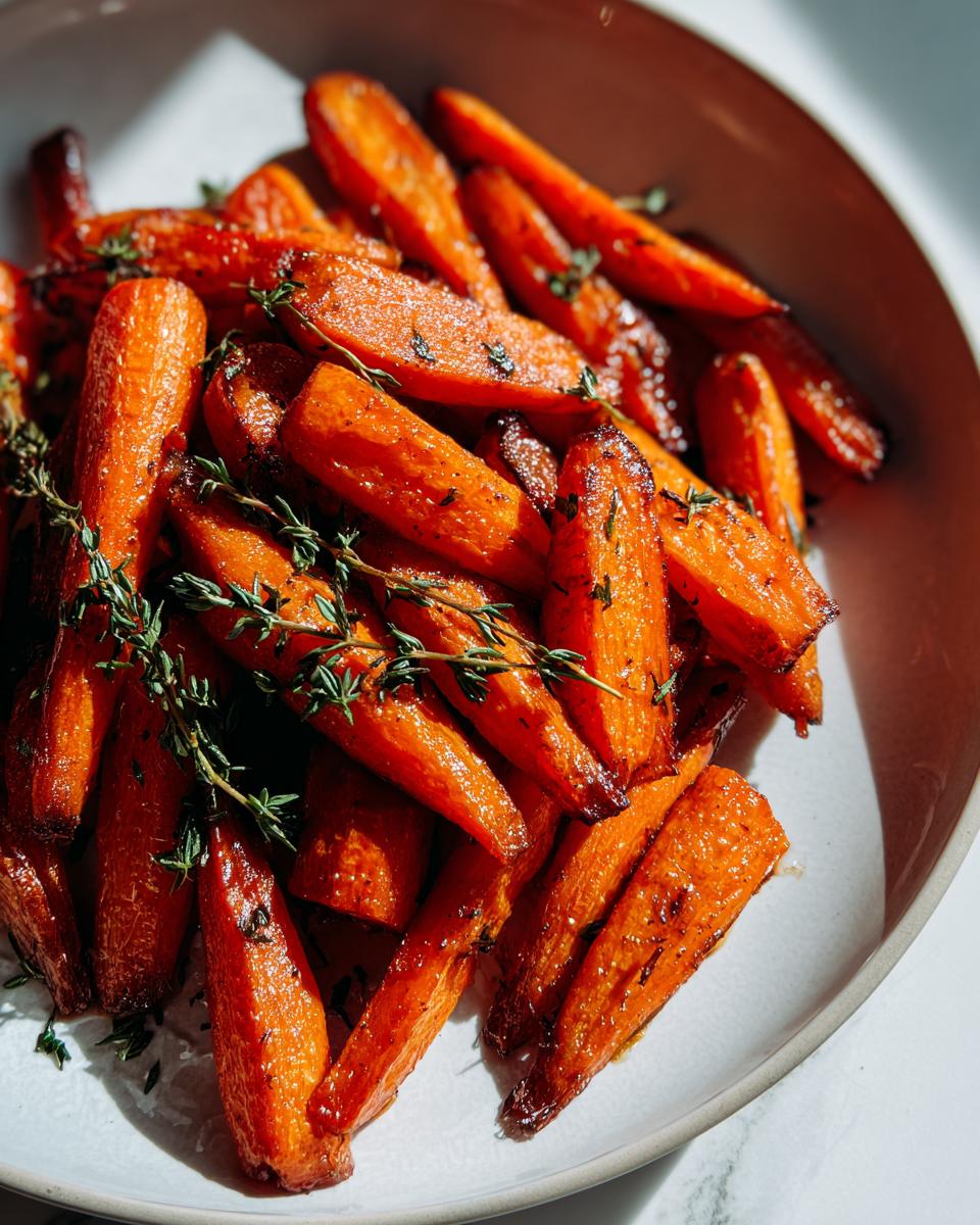 A close-up, bright photo of glazed Balsamic Roasted Carrots garnished with fresh thyme sprigs in a light bowl.