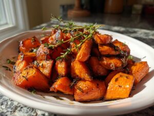 Close-up of shiny, glazed Balsamic Roasted Carrots garnished with fresh thyme sprigs on a white plate.