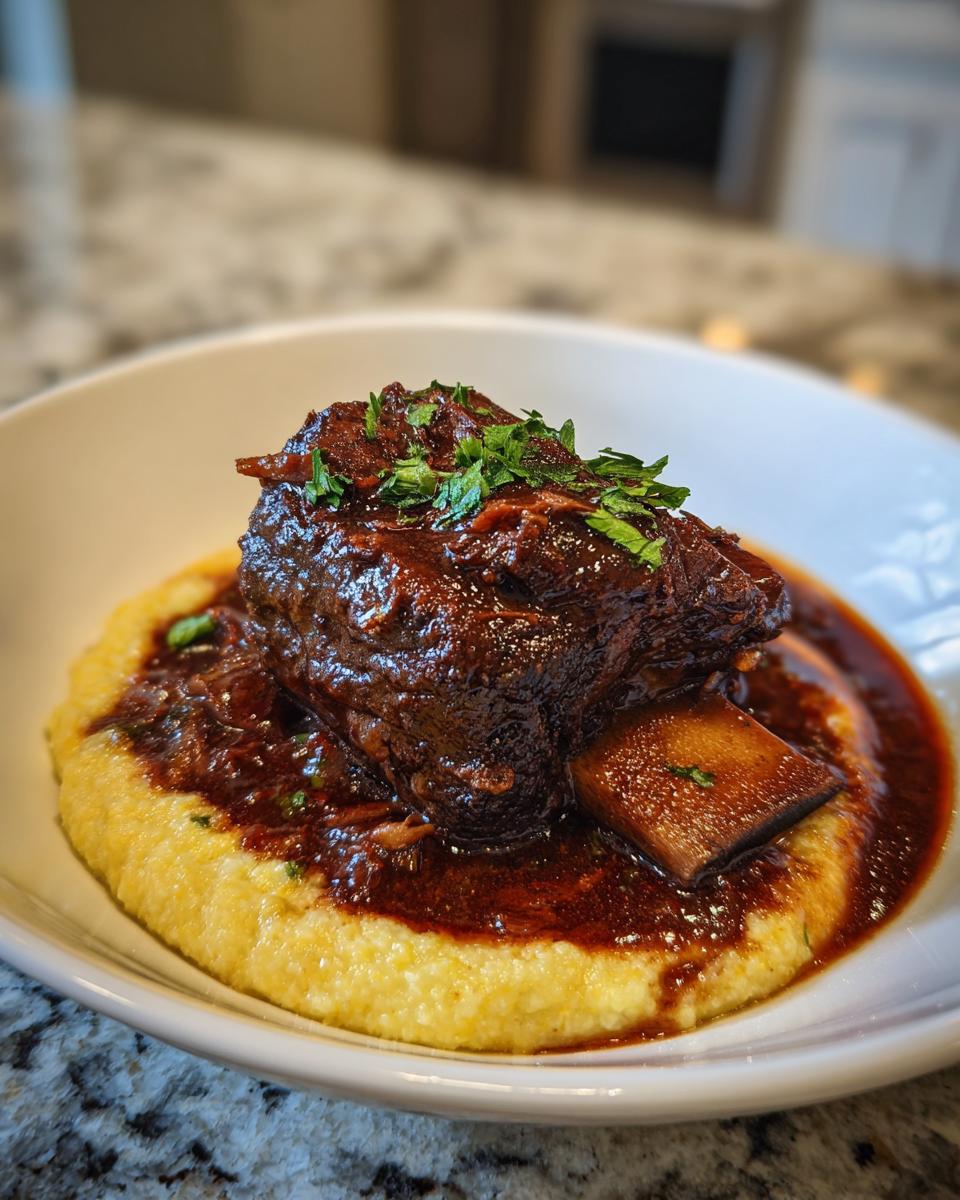 A single serving of rich, dark braised short ribs served over creamy polenta and garnished with fresh parsley.