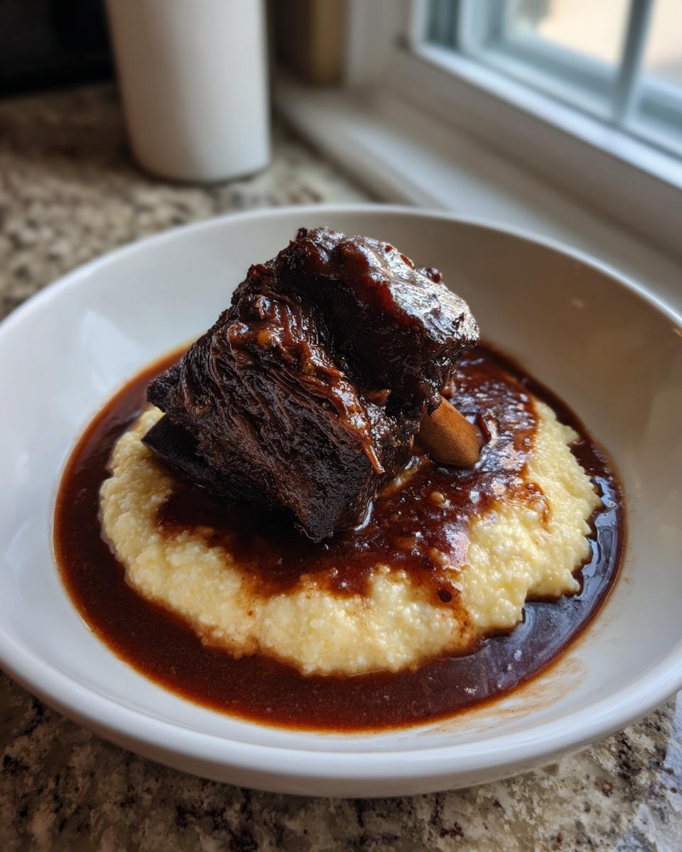 A single, rich braised short ribs served atop creamy polenta or grits, covered in dark sauce.