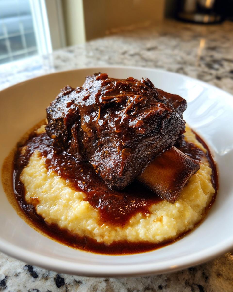 A serving of tender braised short ribs covered in rich sauce, resting on creamy polenta or grits.