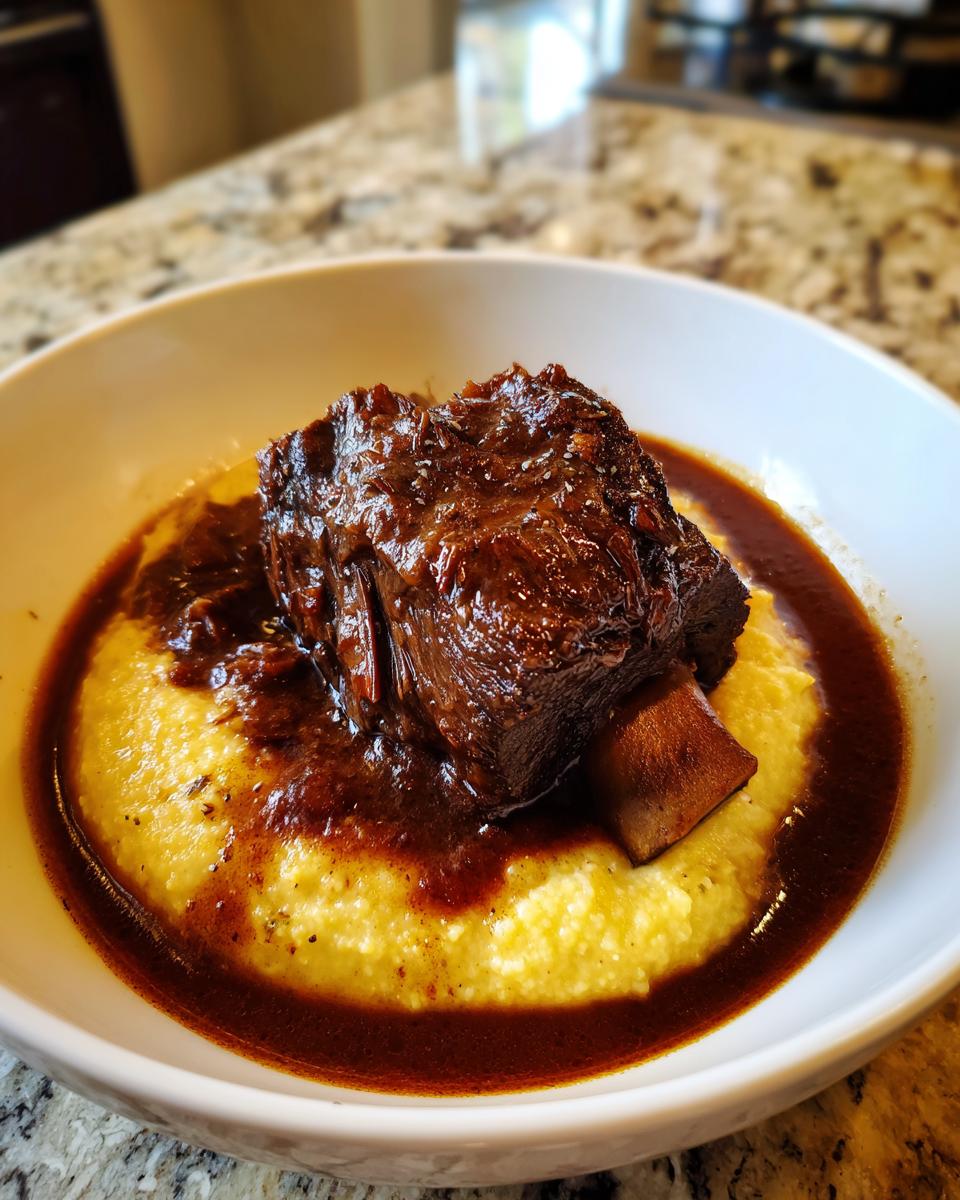 A single, richly glazed braised short rib served over creamy yellow polenta, surrounded by dark sauce.