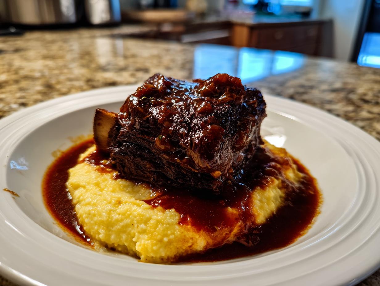 A single, deeply caramelized braised short ribs served atop a bed of creamy polenta, drizzled with rich sauce.