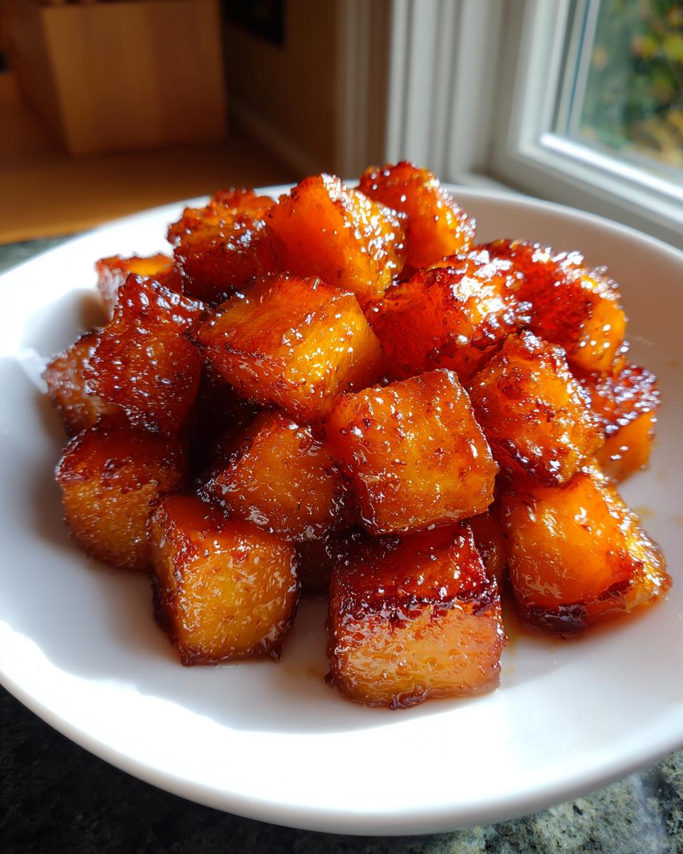 Close-up of glistening, caramelized Brown Sugar Roasted Butternut Squash cubes piled high on a white plate.