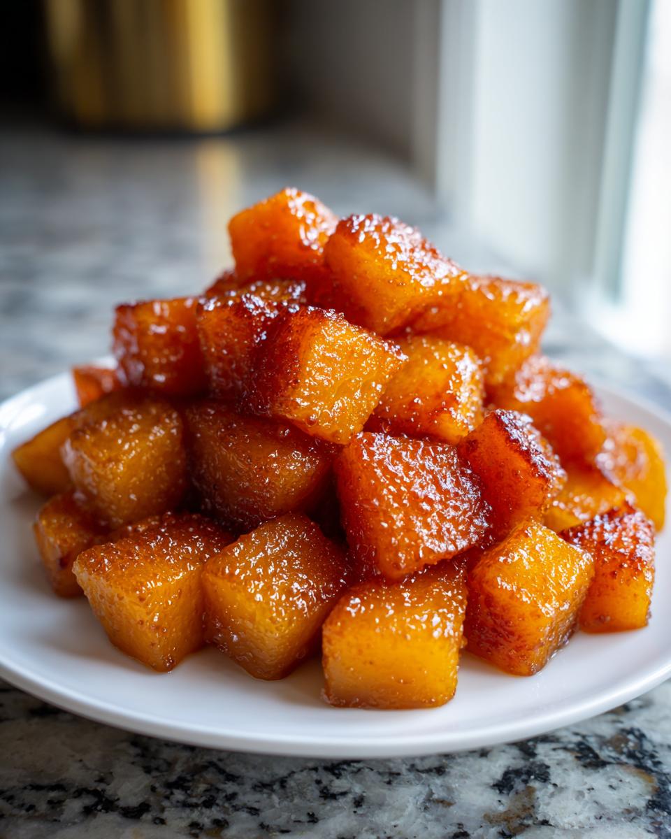 A mound of glistening, caramelized Brown Sugar Roasted Butternut Squash cubes piled high on a white plate.