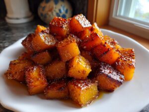 A mound of glistening, caramelized Brown Sugar Roasted Butternut Squash cubes served on a white plate.