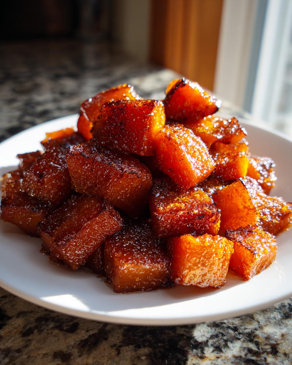 A pile of glistening, caramelized Brown Sugar Roasted Butternut Squash cubes served on a white plate.