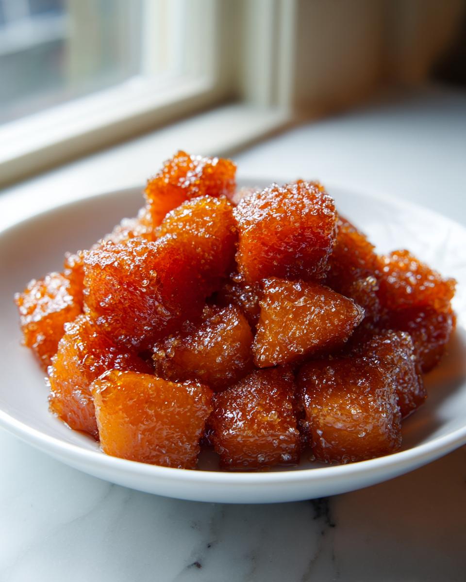 A close-up of glistening, caramelized cubes of Brown Sugar Roasted Butternut Squash piled in a white bowl.