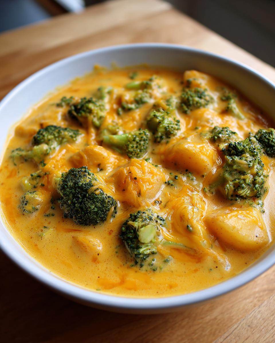 Close-up of a white bowl filled with rich, creamy Cheddar Broccoli Potato Soup, featuring chunks of potato and bright green broccoli florets.