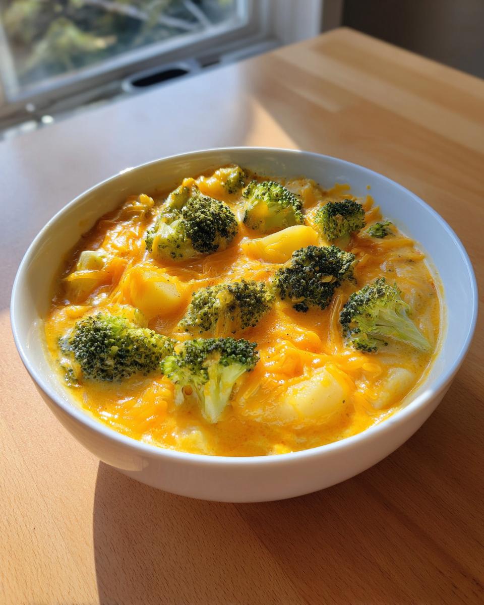 A close-up of a white bowl filled with thick Cheddar Broccoli Potato Soup, topped with melted cheese and fresh broccoli florets.