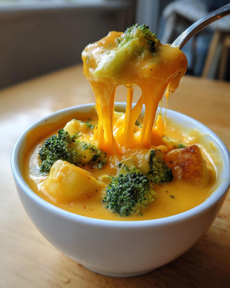A spoonful of thick, cheesy Cheddar Broccoli Potato Soup being lifted, showing long cheese pulls.
