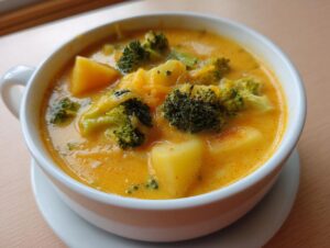 A close-up of a white bowl filled with creamy, orange Cheddar Broccoli Potato Soup, featuring chunks of potato and bright green broccoli florets.