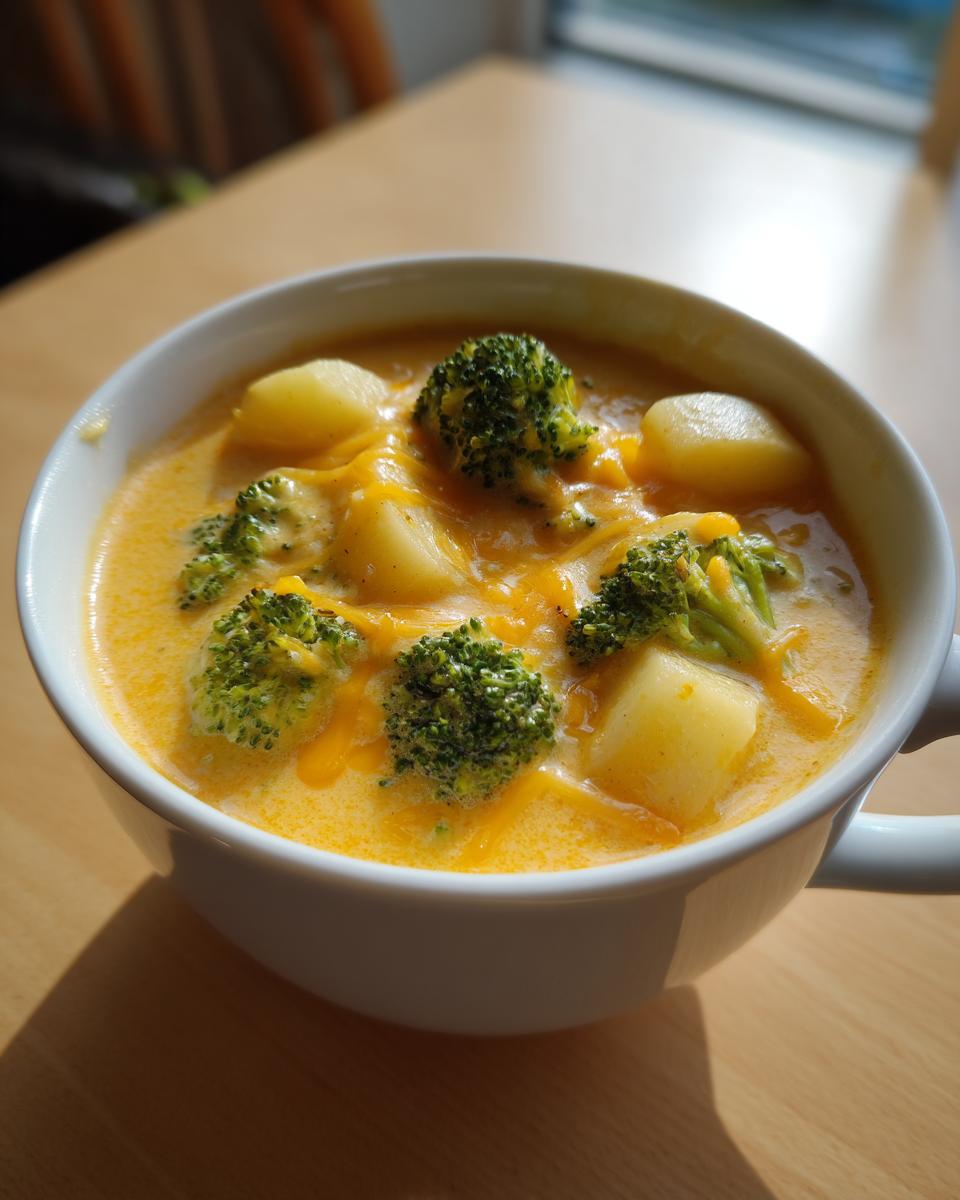 Close-up of a white mug filled with rich, creamy Cheddar Broccoli Potato Soup, featuring chunks of potato and bright green broccoli florets.