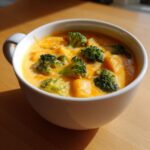 A close-up of a white mug filled with rich, orange Cheddar Broccoli Potato Soup, featuring chunks of potato and bright green broccoli florets.