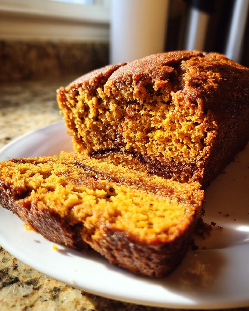 A close-up of a slice of moist Cinnamon Swirl Pumpkin Bread showing the rich orange crumb and dark cinnamon swirl.