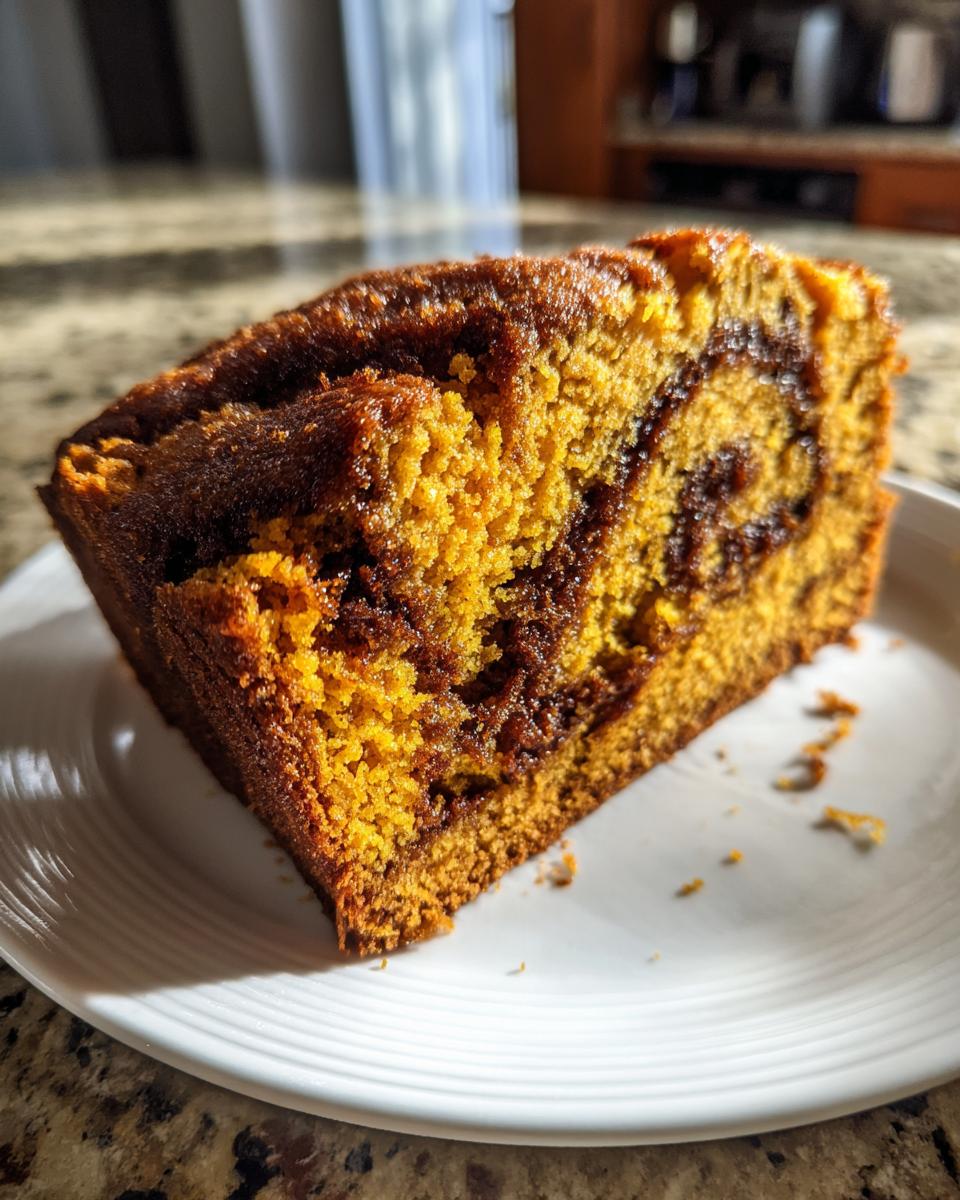 Close-up of a moist slice of Cinnamon Swirl Pumpkin Bread showing the vibrant orange pumpkin cake and dark cinnamon swirl.