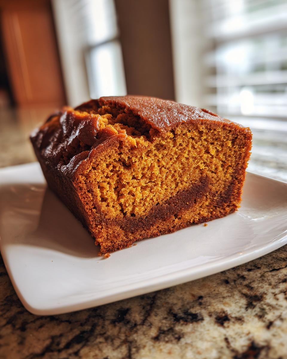 A close-up of a moist slice of Cinnamon Swirl Pumpkin Bread showing the vibrant orange crumb and dark cinnamon swirl.