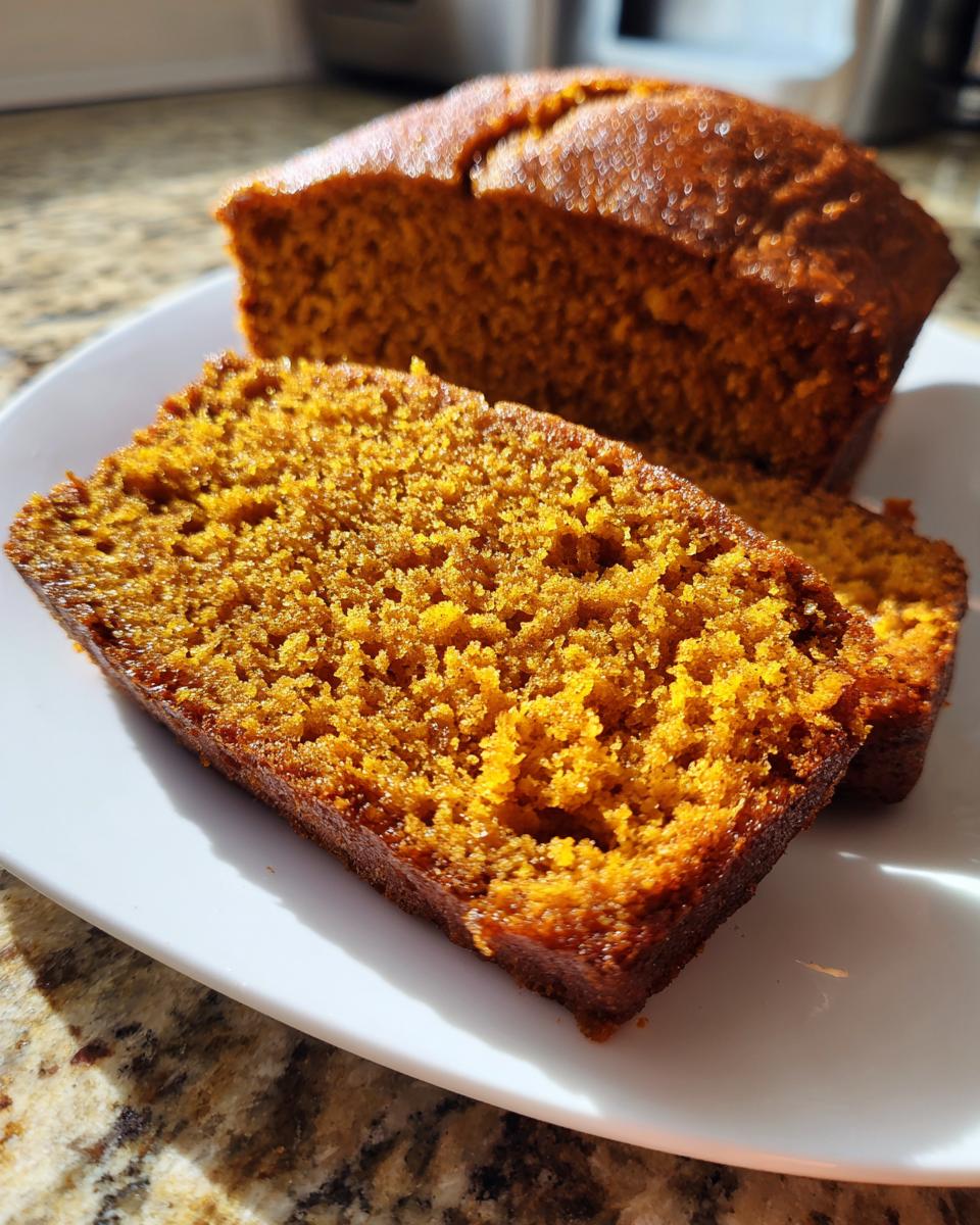 Close-up of two moist slices of Cinnamon Swirl Pumpkin Bread displayed on a white plate.