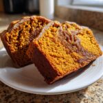 Two moist slices of Cinnamon Swirl Pumpkin Bread showing the rich orange color and dark cinnamon swirl.