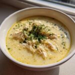 A close-up of a white bowl filled with Classic Greek Lemon Chicken Soup, featuring shredded chicken, orzo pasta, and fresh dill.