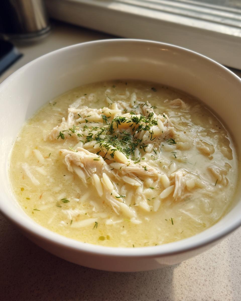 A close-up of a white bowl filled with Classic Greek Lemon Chicken Soup (Avgolemono) featuring shredded chicken, orzo pasta, and fresh dill.