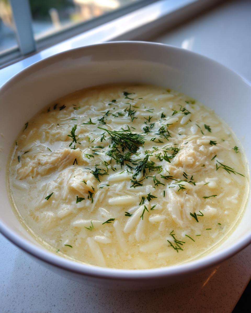 A close-up of a white bowl filled with creamy Classic Greek Lemon Chicken Soup, featuring shredded chicken, orzo pasta, and fresh dill garnish.