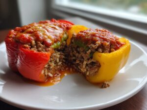 Two halves of a Classic Stuffed Peppers Recipe, one red and one yellow, filled with meat and rice, topped with sauce and cheese.