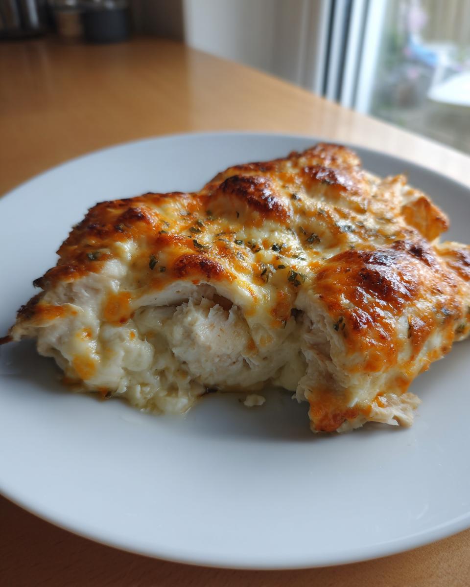 A serving of Cream Cheese Chicken Bake with a golden, bubbly, cheesy topping on a white plate.