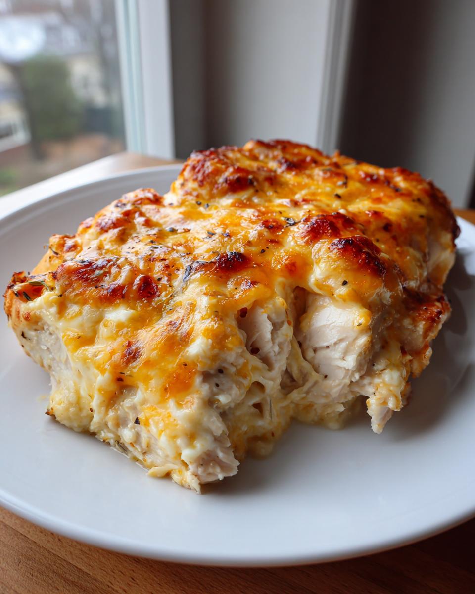 A close-up of a portion of Cream Cheese Chicken Bake, showing shredded chicken covered in a creamy sauce and bubbly, browned cheddar cheese topping.