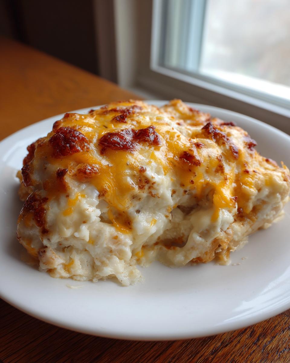 A close-up of a serving of Cream Cheese Chicken Bake on a white plate, topped with bubbly, browned cheddar cheese.
